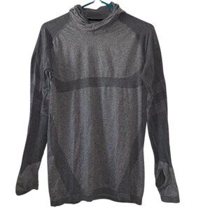 Gray Hooded Long Sleeve Athletic Shirt With Thumbholes Wicking Fabric Womens L